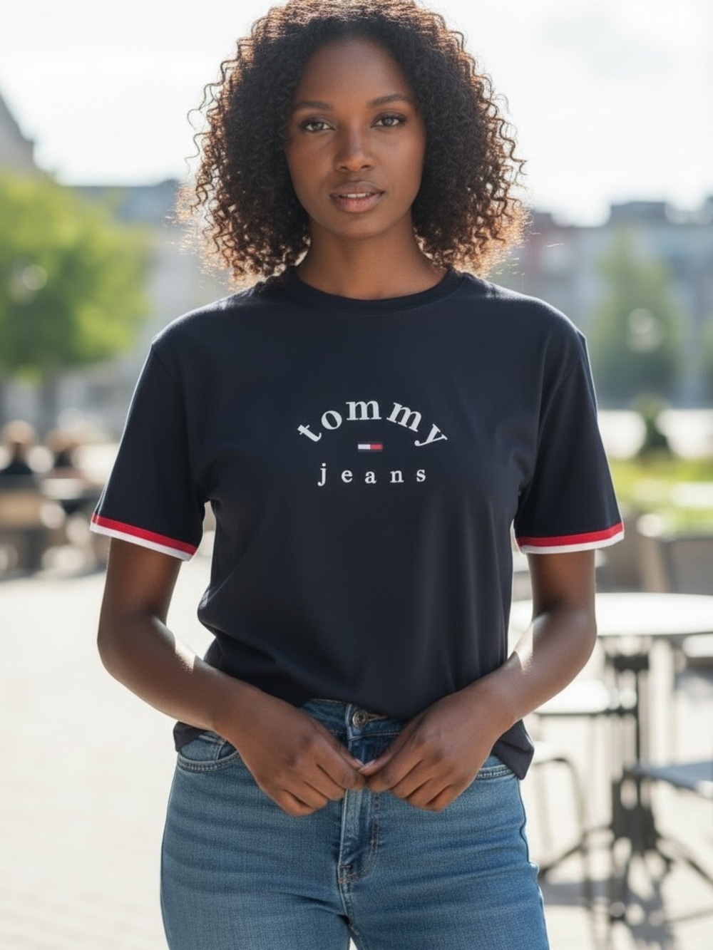Tommy Jeans Navy Logo Tee with White/Red-Trim Sleeves